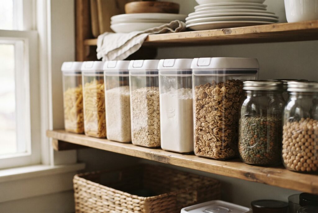 Clear square airtight containers of pasta, rice, oats, flour and cereal lined up on a pantry shelf beside glass jars of dried beans