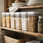 Clear square airtight containers of pasta, rice, oats, flour and cereal lined up on a pantry shelf beside glass jars of dried beans