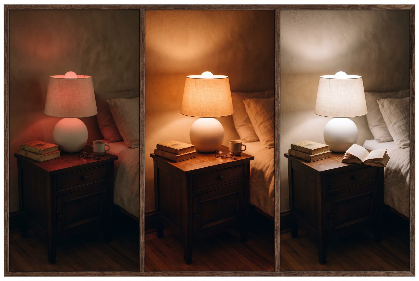 The same bedside lamp shown three times, glowing faint red, then warm orange, then bright soft white