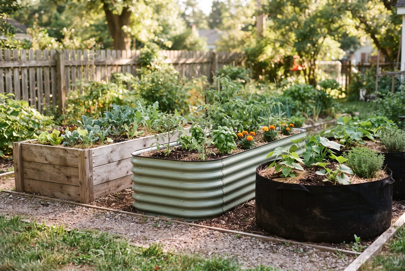 A cedar raised bed, a corrugated metal raised bed and a black fabric grow bed side by side, each planted with vegetables