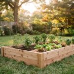 A cedar raised garden bed in a backyard planted with young tomatoes, peppers, lettuce and basil in golden evening light