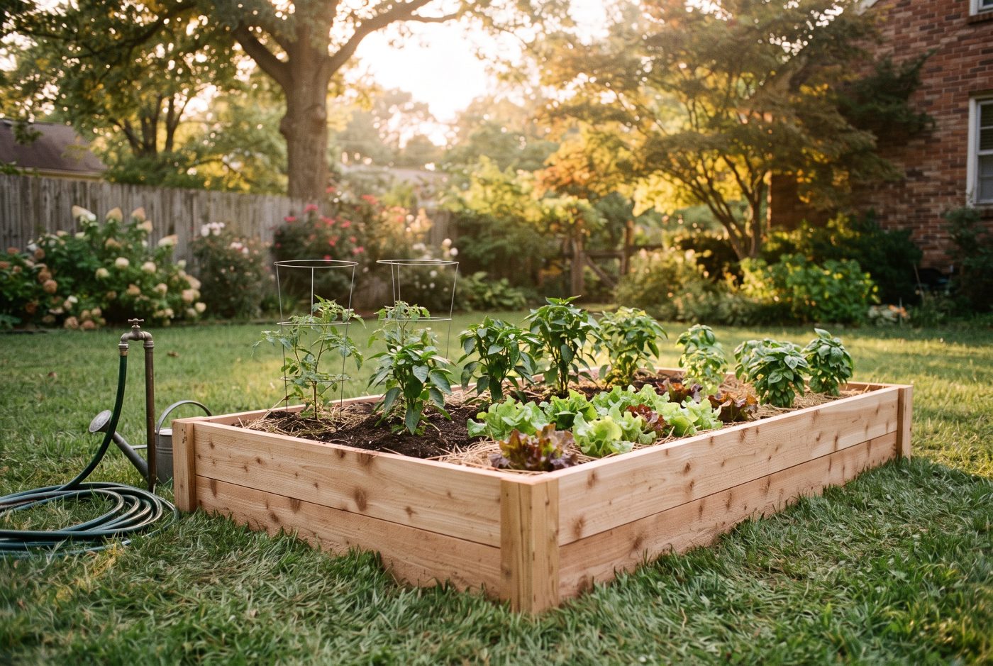 A cedar raised garden bed in a backyard planted with young tomatoes, peppers, lettuce and basil in golden evening light