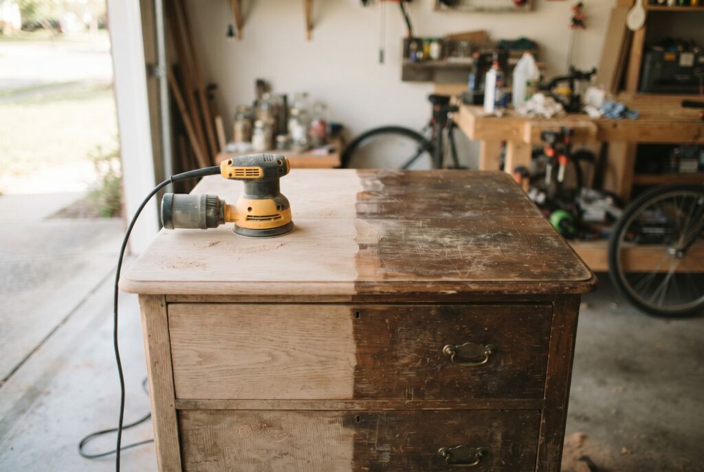An old wooden dresser in a garage with half of its top sanded to bare wood and a random orbit sander resting on the sanded half