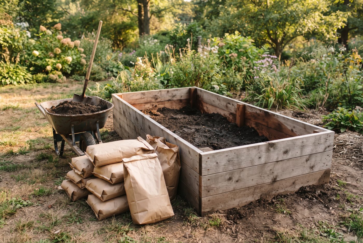 A half-filled wooden raised bed with a stack of soil bags and a wheelbarrow of dark soil beside it
