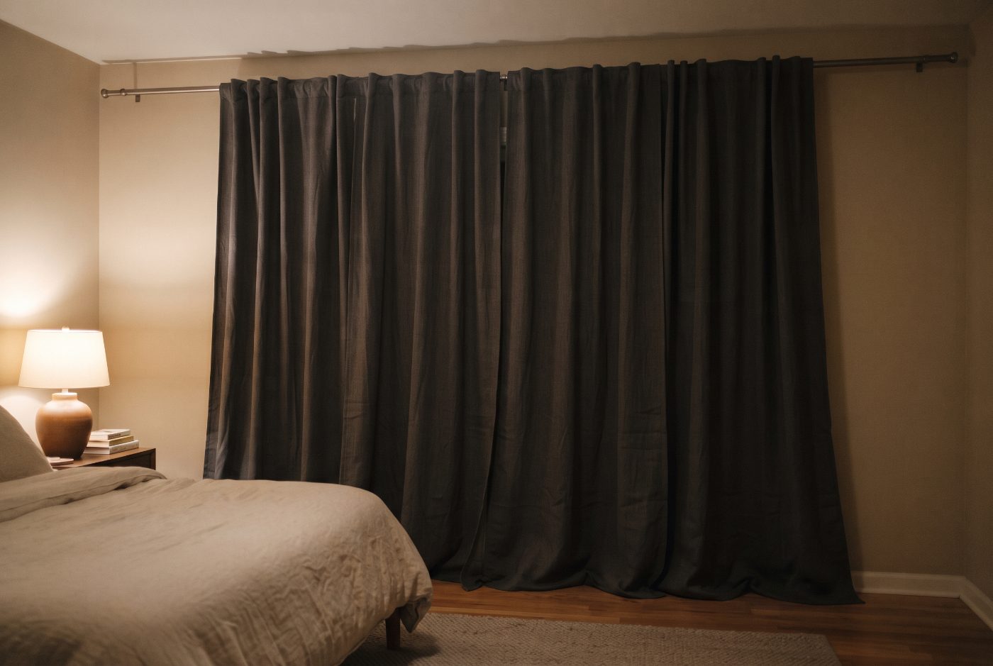 Dark gray floor-length curtains hung on a rod that extends well past the window on both sides