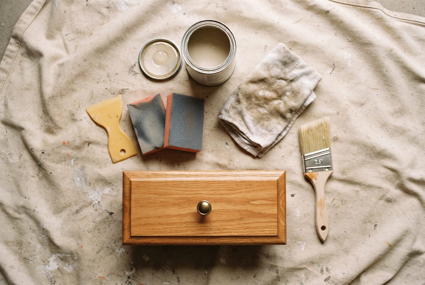 Overhead view of a can of clear finish, a rag, a paintbrush, a plastic scraper, sanding sponges and a freshly finished wooden drawer front on a drop cloth