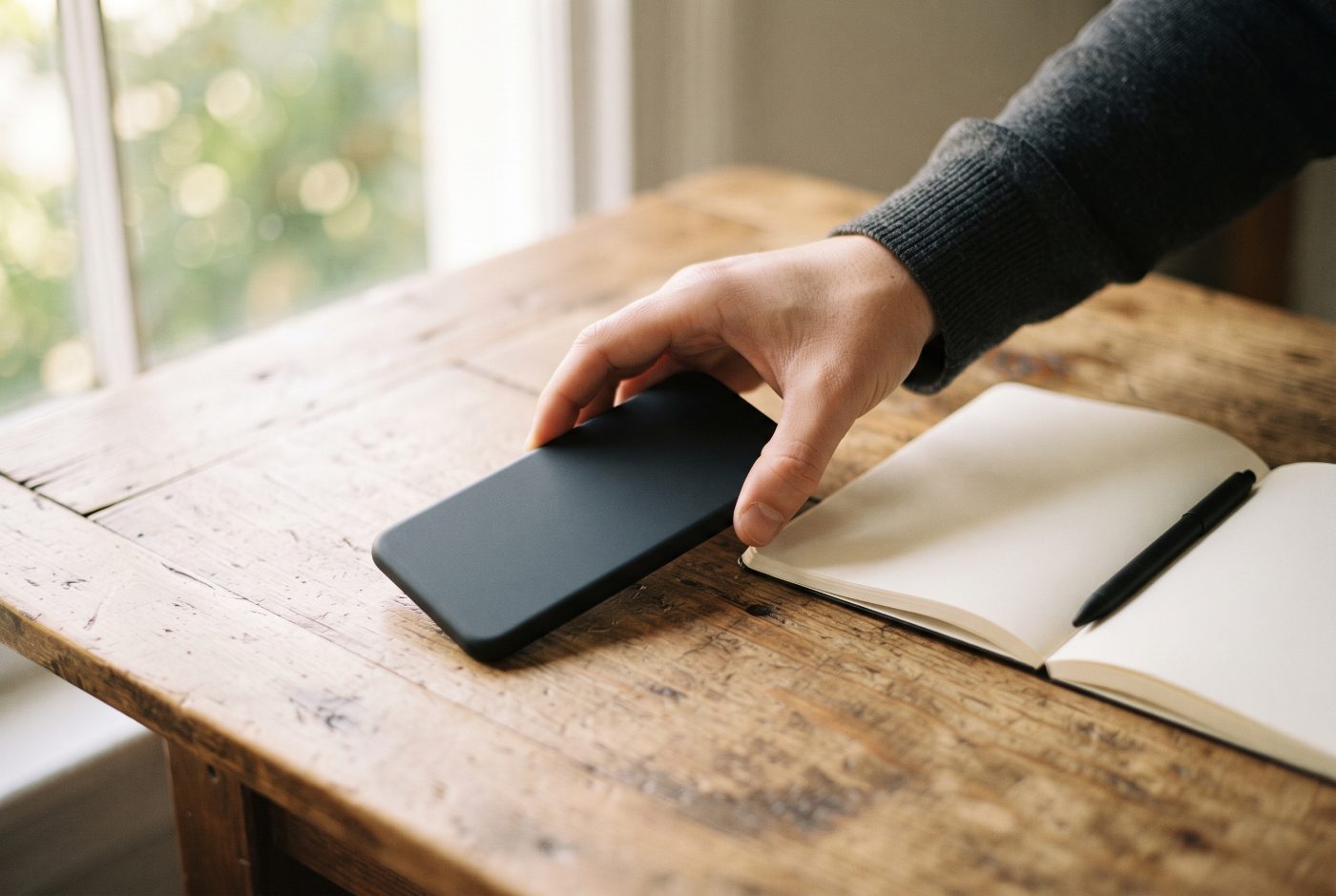 A hand placing a smartphone face down on a wooden desk next to an open notebook
