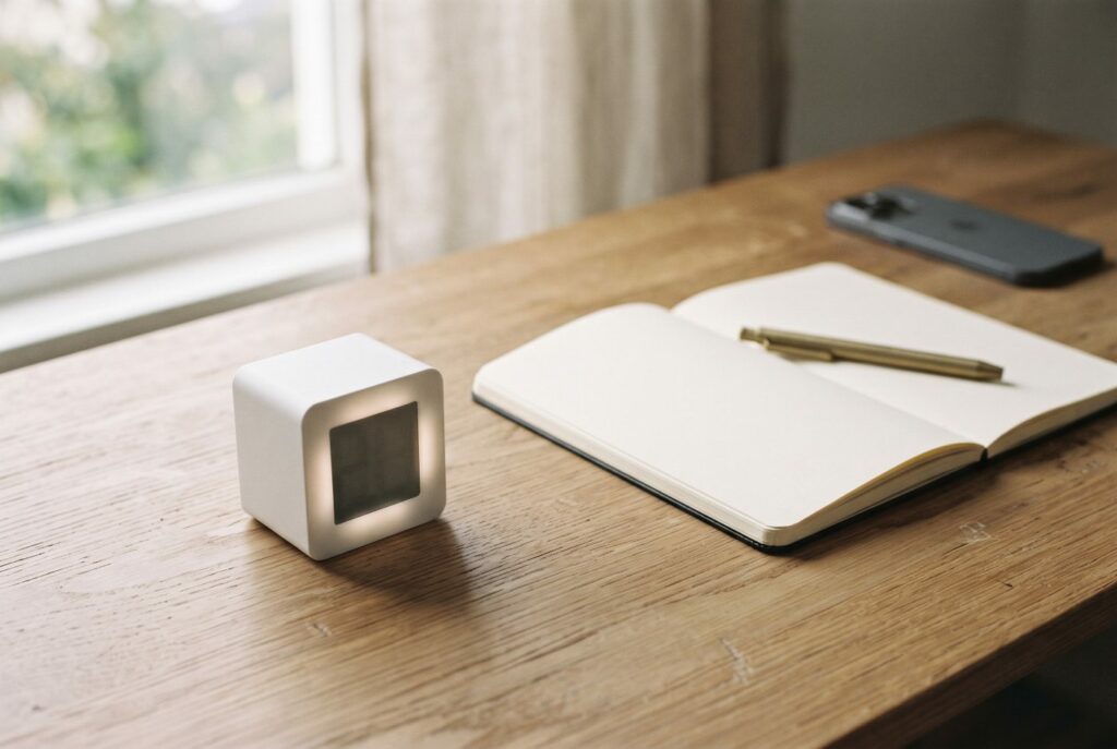 A small white cube timer glowing on a wooden desk beside an open notebook, with a smartphone lying face down at the far corner