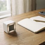 A small white cube timer glowing on a wooden desk beside an open notebook, with a smartphone lying face down at the far corner
