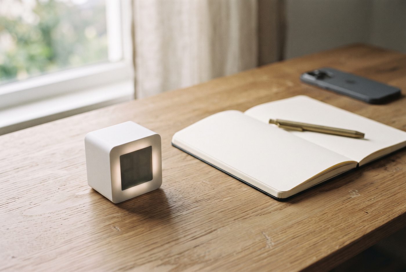 A small white cube timer glowing on a wooden desk beside an open notebook, with a smartphone lying face down at the far corner
