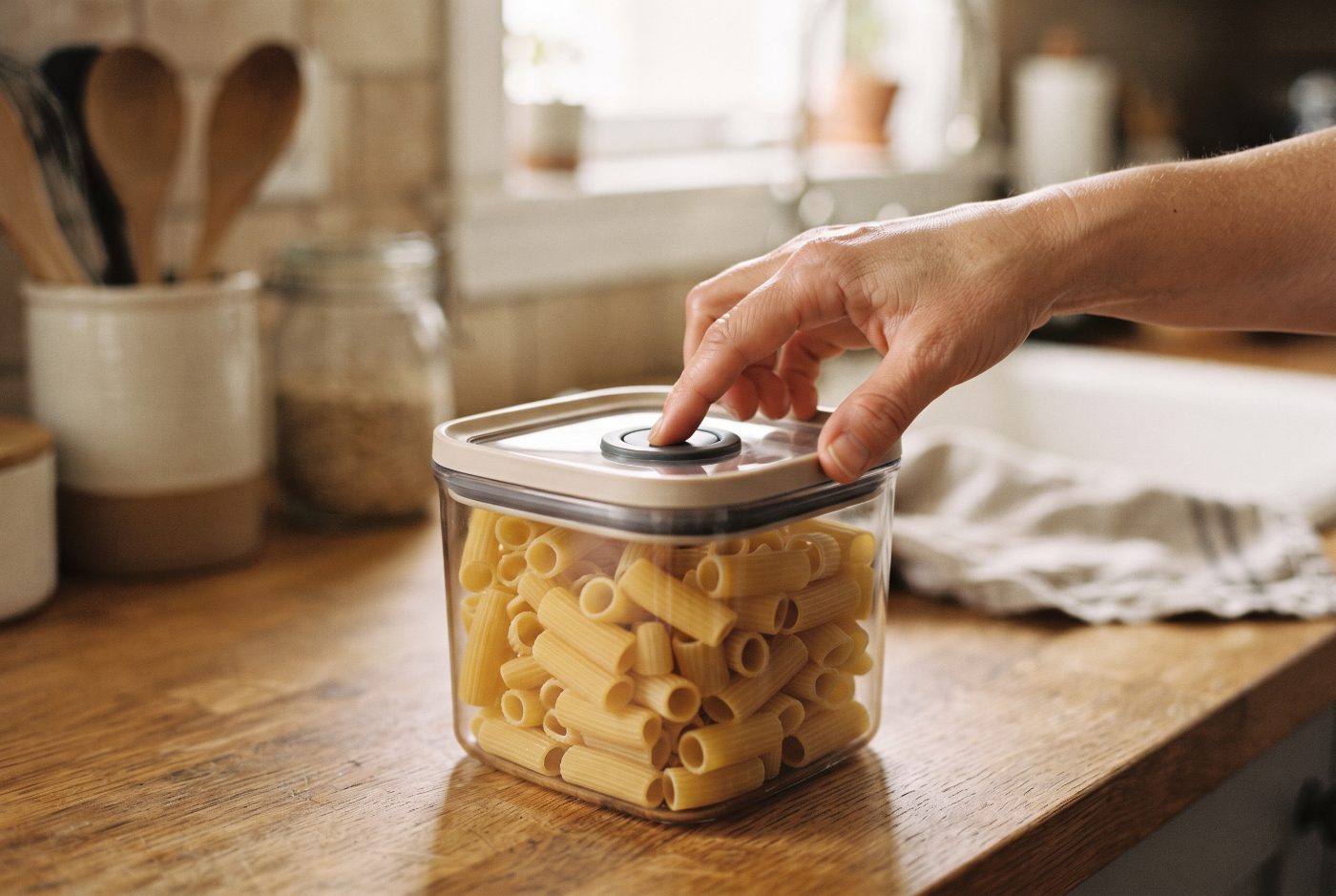 A hand pressing the push button on the lid of a clear square container of pasta
