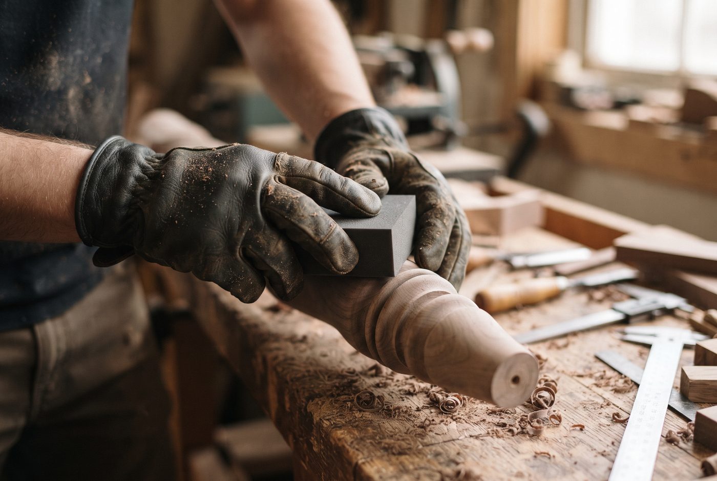 Gloved hands smoothing a turned wooden furniture leg with a foam sanding sponge on a workbench