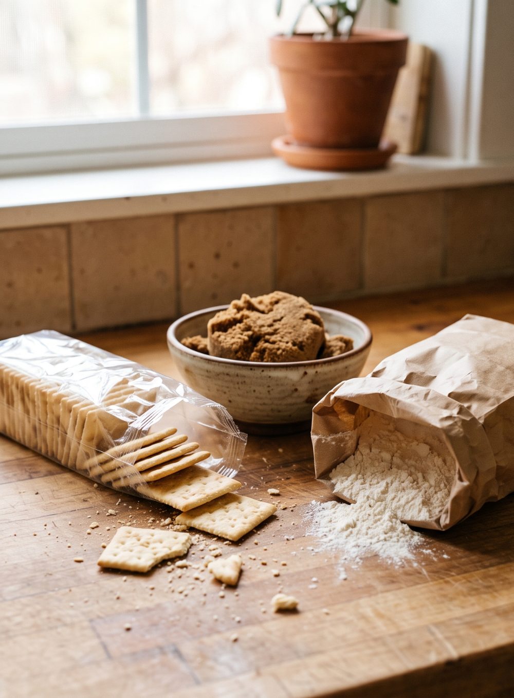 An open sleeve of crackers, a rolled-down paper flour bag spilling flour and a hardened lump of brown sugar on a kitchen counter