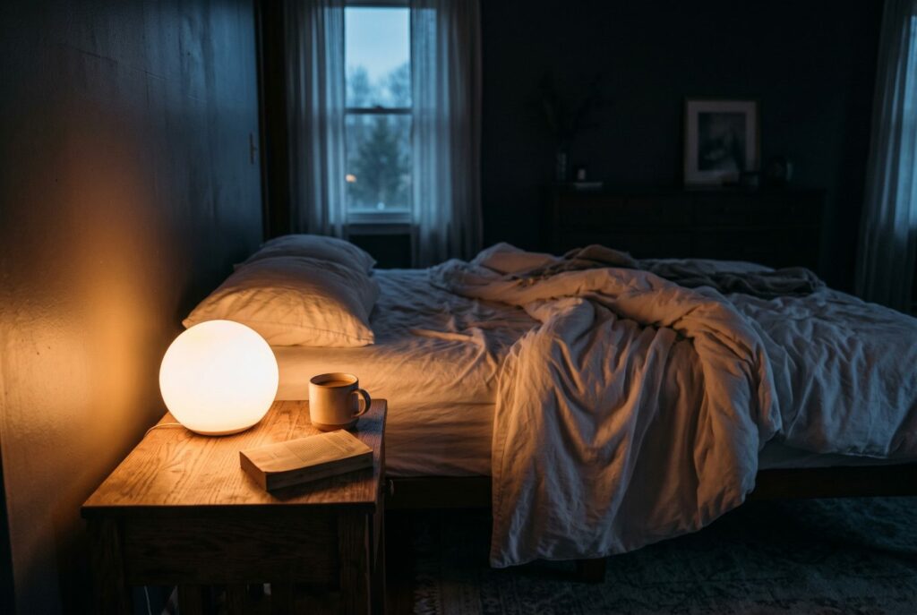 A round lamp glowing warm orange on a wooden nightstand in a dim bedroom at dawn