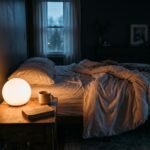 A round lamp glowing warm orange on a wooden nightstand in a dim bedroom at dawn