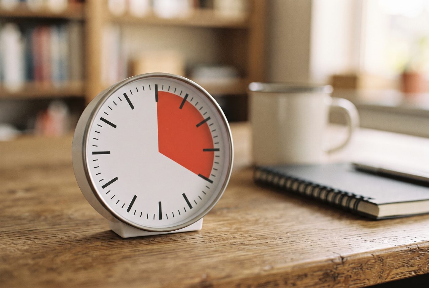 A round visual countdown timer on a desk with a red disc showing about a quarter hour left, a mug and notebook behind it