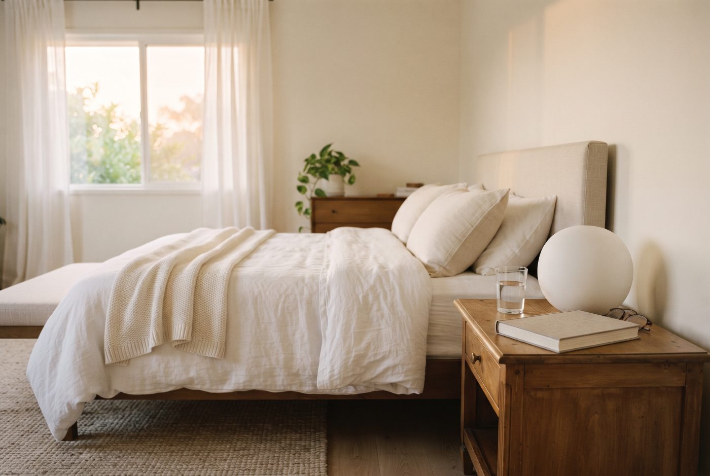 A bright bedroom in the morning with a round white lamp on the nightstand right beside the pillows